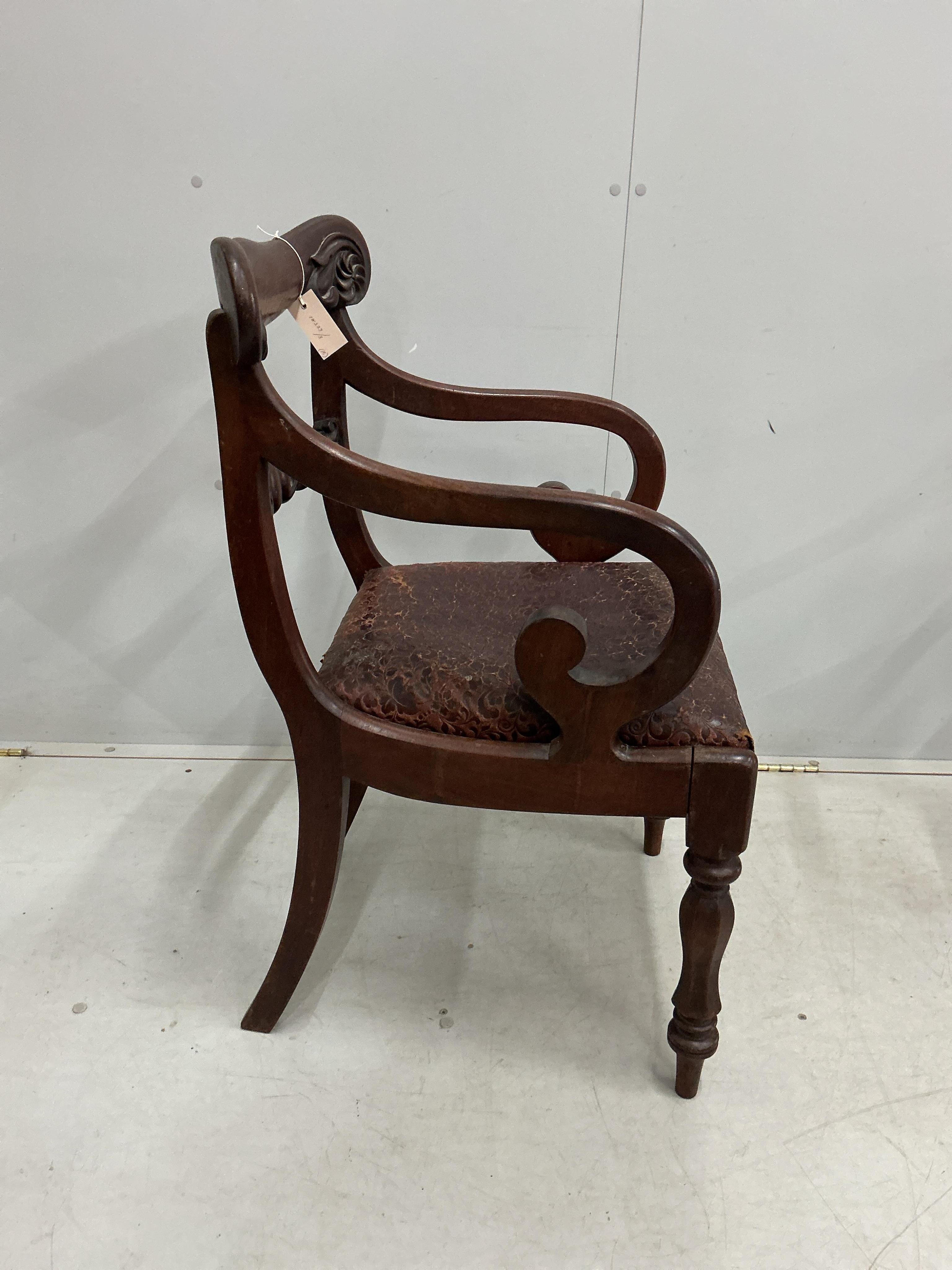 A pair of William IV mahogany elbow chairs, width 53cm, depth 46cm, height 87cm